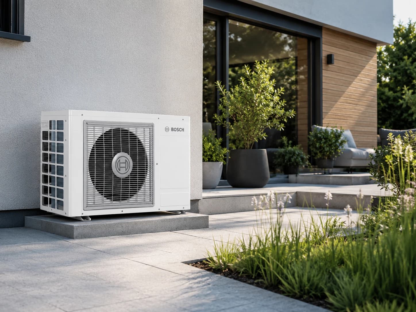 A Bosch air source heat pump outdoor unit on a modern patio in the Swansea Valleys