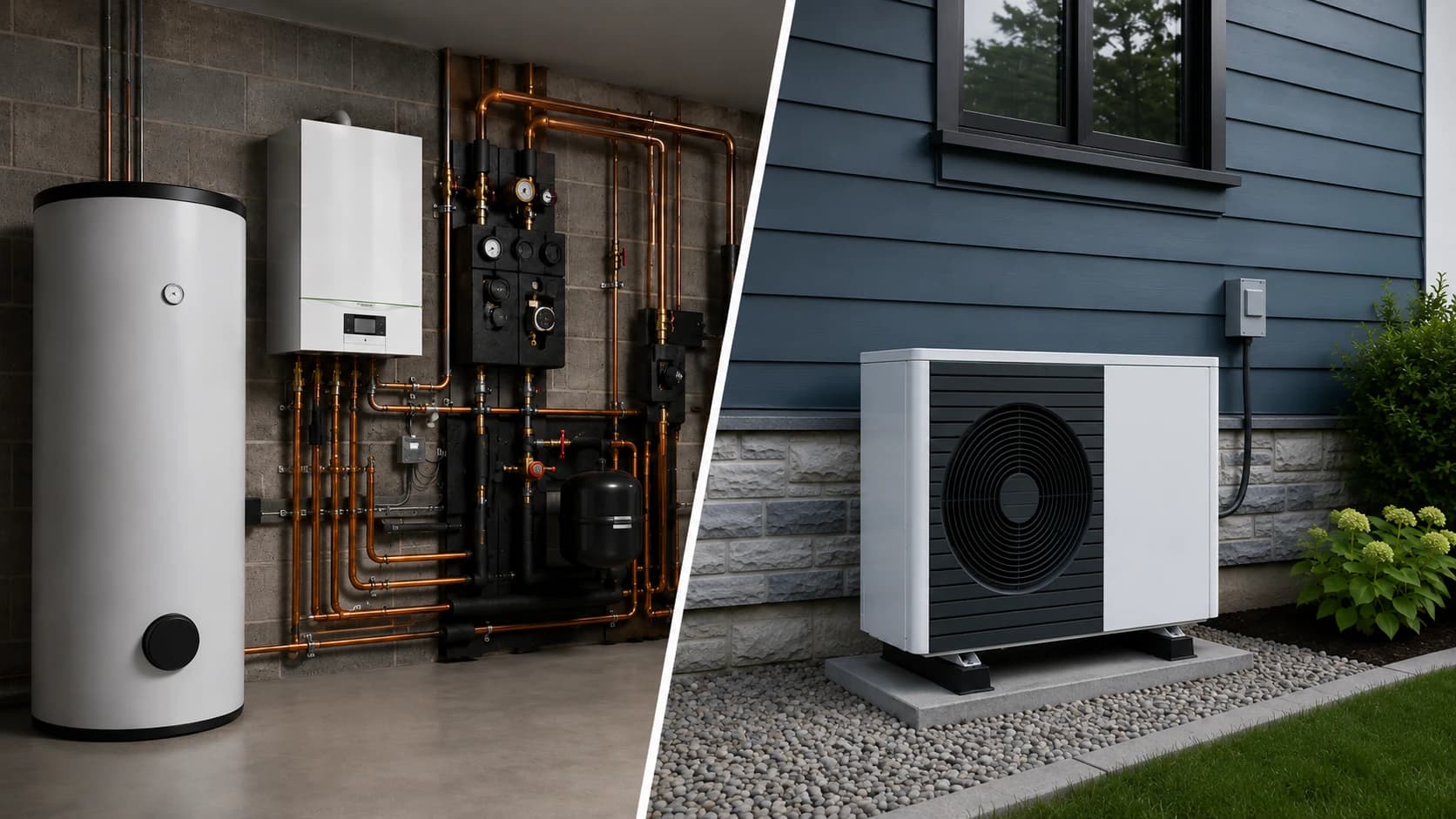 A hybrid heating system with a boiler, cylinder and air source heat pump in Swansea