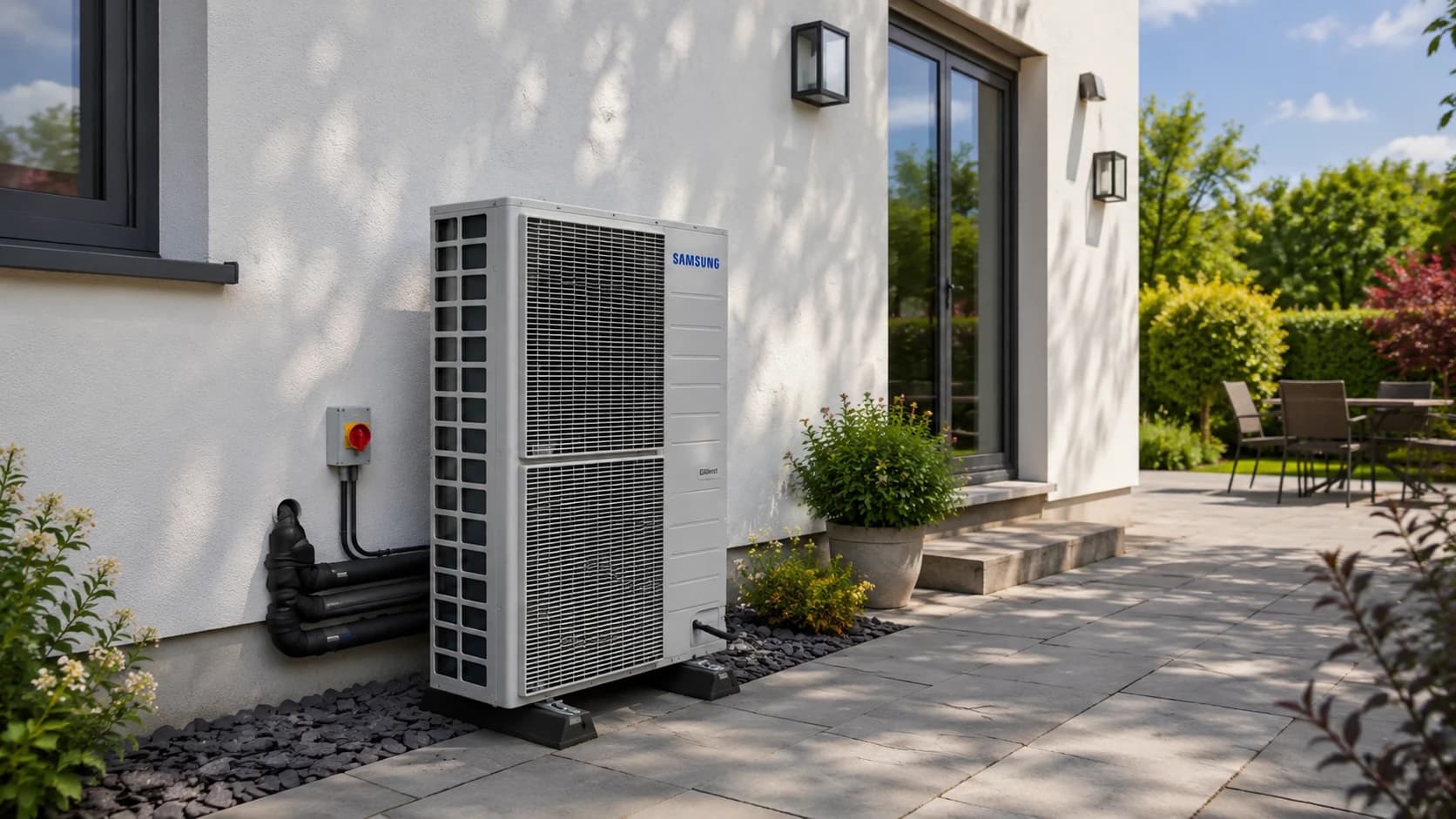 A Samsung air source heat pump at a modern home in Carmarthen