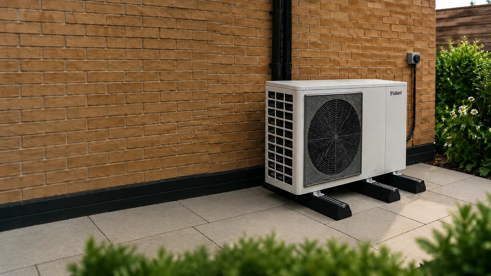 A Vaillant air source heat pump serviced against a brick wall in Neath